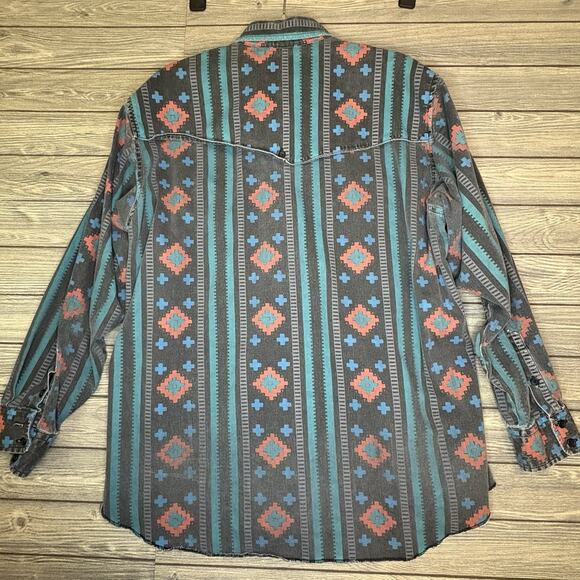 VTG Wrangler Brushpopper Shirt Mens 17.5 X 35 Black Aztec X Long Tail Cowboy XL - Picture 10 of 13